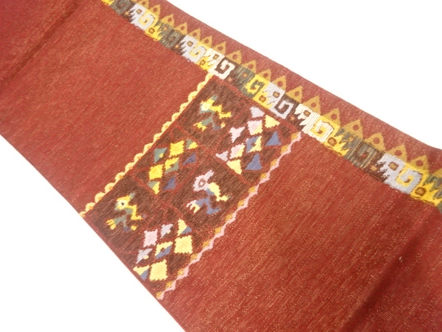 リサイクル　未使用品　抽象鳥に草花模様織出し袋帯